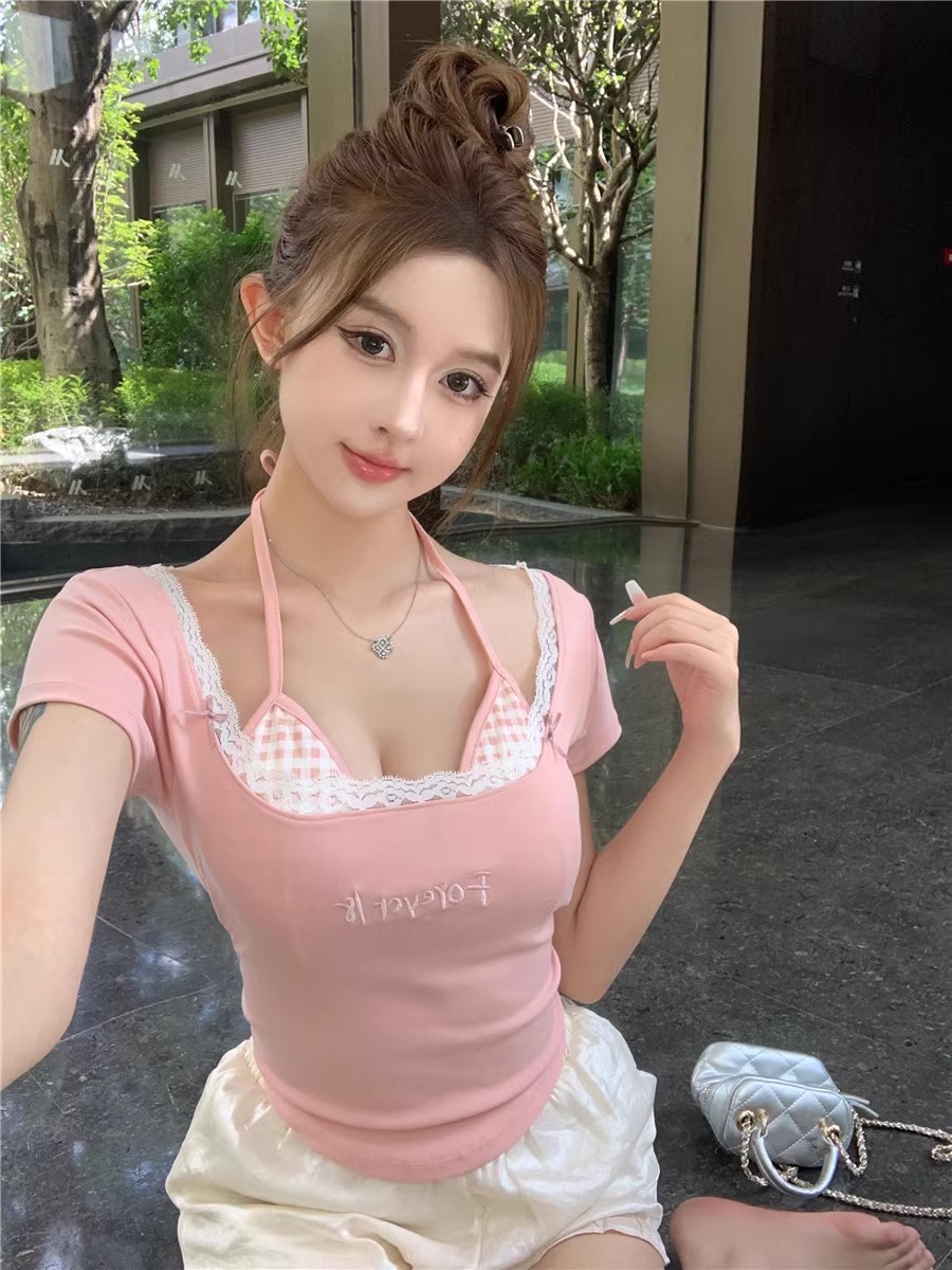 港风假两件格纹抹胸纯欲风外穿短袖T恤修身百搭减龄款女装上衣ins