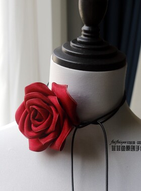 手工立体花朵项链脖子装饰点缀配饰颈链韩国混搭绑带玫瑰花饰品