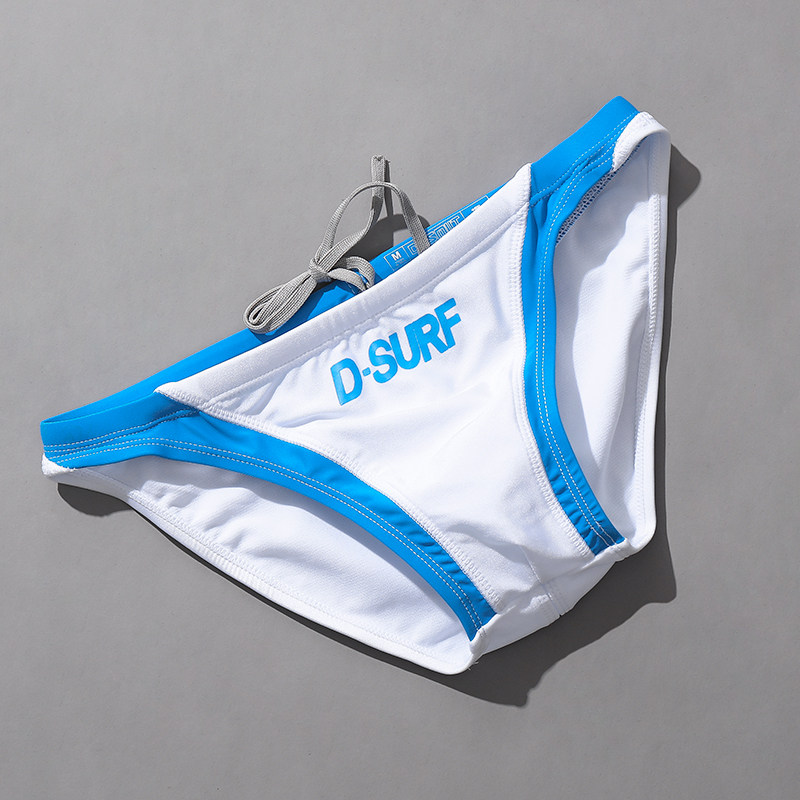 男士三角泳裤时尚拼色低腰比基尼游泳裤专业竞速双层面料运动短裤