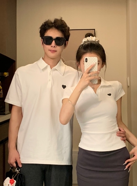 情侣装夏装短袖POLOT恤衫修身白色爱心显瘦小众设计高级感上衣女