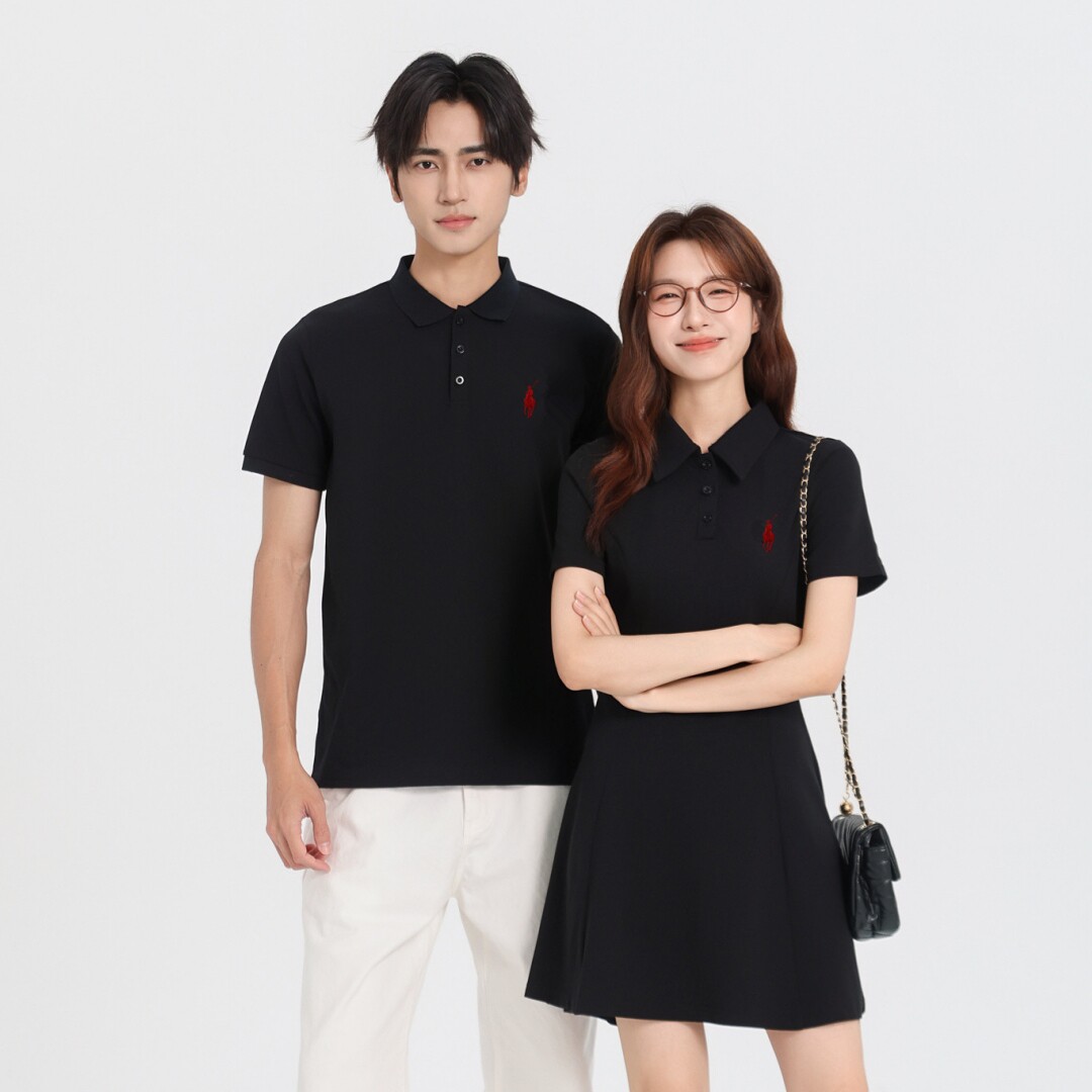 情侣装夏装新款polo衫连衣裙女短袖刺绣黑色显瘦小个子一衣一裙