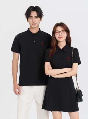 情侣装夏装新款polo衫连衣裙女短袖刺绣黑色显瘦小个子一衣一裙