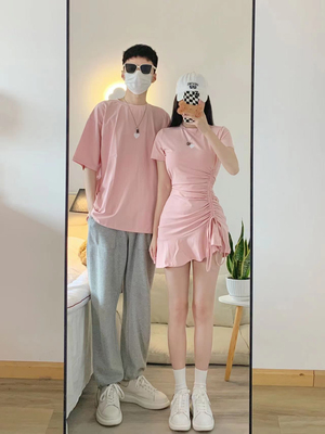 短袖ins风显瘦收腰纯棉情侣装