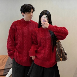 本命年穿搭 麻花毛衣女中性慵懒风宽松新年装 红色情侣装 毛衣秋冬装
