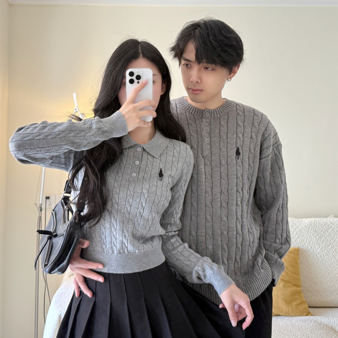 韩版麻花毛衣情侣装灰色高级感针织衫外套秋冬装新款套装裙高级感