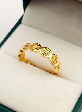 【钛钢不掉色】中国风招财钱币好运闺蜜金币镂空情侣戒
