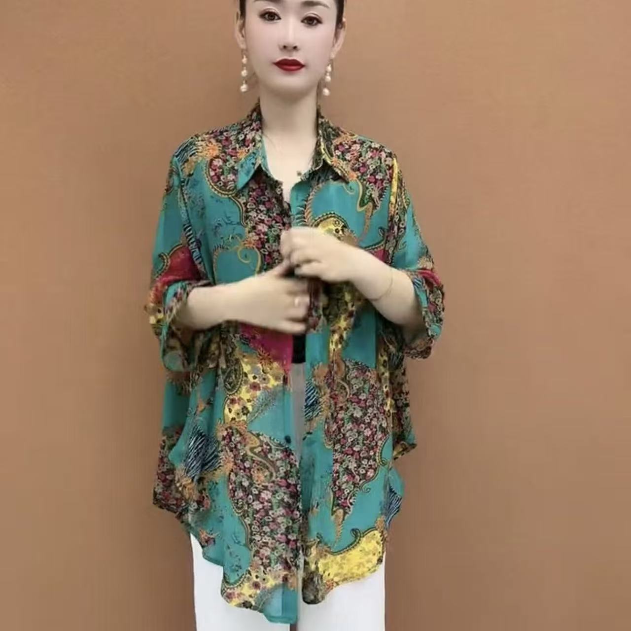 通勤风碎花POLO领防晒衬衫女衬衫