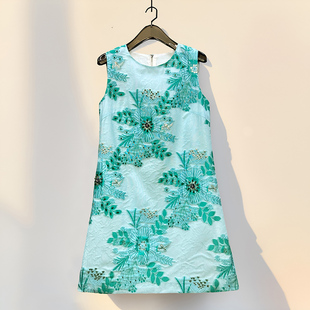 轻奢气质连衣裙 女装 薄提花棉手工钉珠烫金刺绣花背心裙夏季 新款