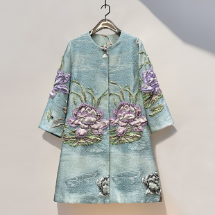 秋冬新款 轻奢外套 高级感大衣提花立体浮雕莲花重工钉珠圆领七分袖