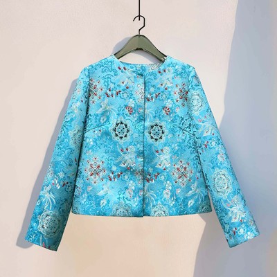 2026春季新款女装提花刺绣重工钉珠圆领长袖新中式名媛气质短外套