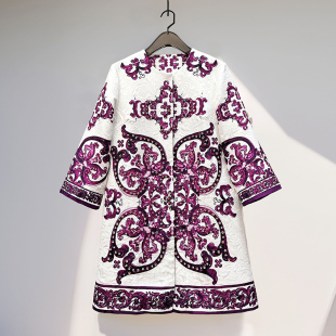 英伦风外套宽松休闲风衣秋 提花棉定位印花镶钻圆领七分袖 新品 女装