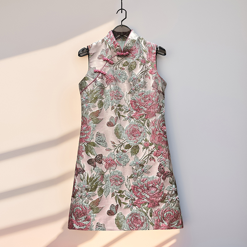 提花刺绣夏季新中式女装旗袍领重工钉珠背心裙优雅名媛轻奢国风裙