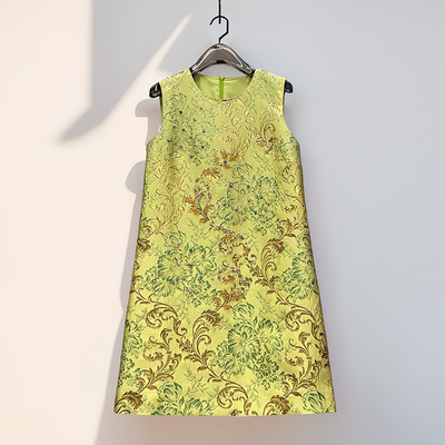 翠色欲流~高级感提花烫金刺绣镶彩钻休闲a字裙夏季轻奢气质背心裙