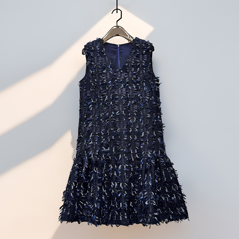 秋季新款女装精致优雅小香风a字裙立体装饰百搭气质深蓝色背心裙