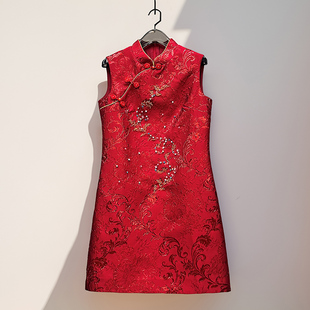 喜庆喜气~新年新款女装提花刺绣钉珠镶钻精致改良版新中式旗袍裙