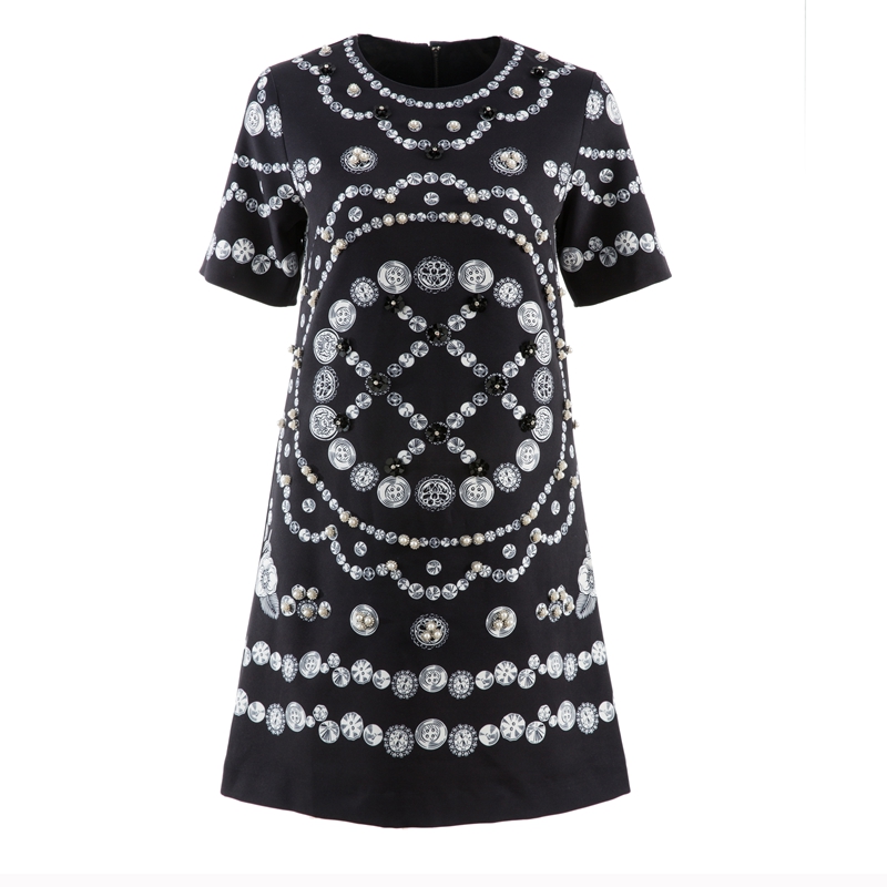 清仓 夏季女装定位复古印花手工钉珠镶钻休闲时尚轻奢a字连衣裙