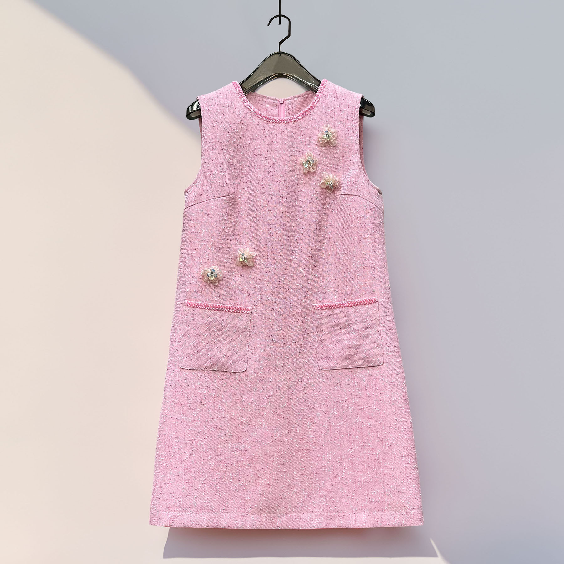 秋冬打底裙子钉珠圆领手工立体花朵a字背心裙减龄名媛气质连衣裙