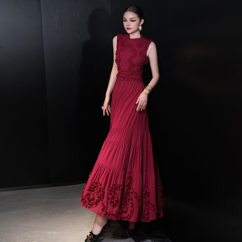 端庄气质~春夏新款女装高级感乔其重工定位木耳花边名媛优雅长裙