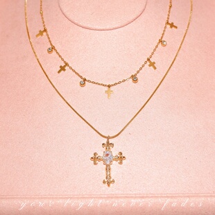 心动时刻~ 双层锁骨链叠戴十字架鸢尾花项链