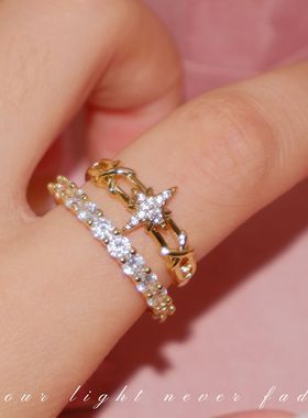 星辰碎片～超级闪美式辣妹满锆石棱形戒指套装