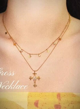 心动时刻~ 双层锁骨链叠戴十字架鸢尾花项链