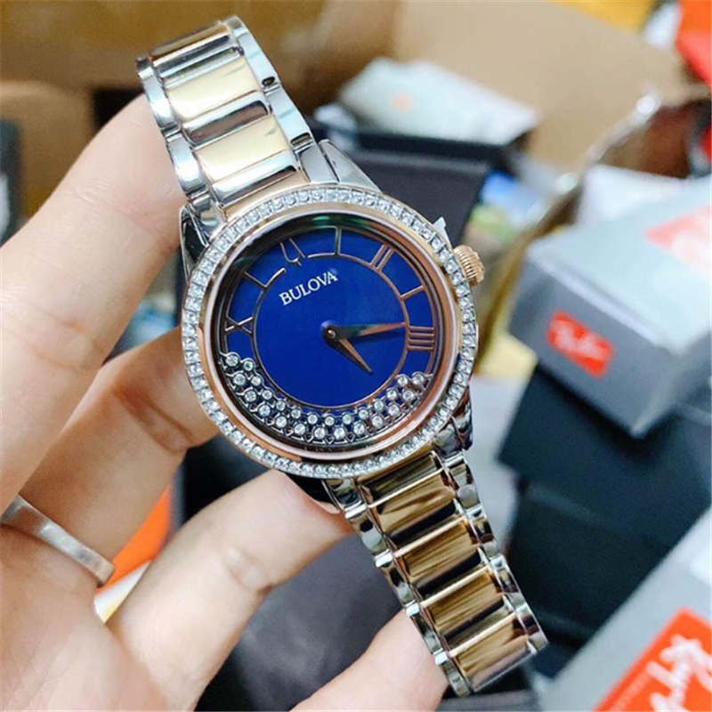 宝路华女表bulova午夜蓝贝母时尚轻奢镶钻复古石英女手腕表98l261