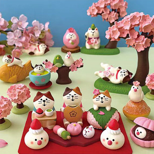 zakka日式樱花猫 少女心抹茶文鸟摆件治愈系樱花树可爱达摩招财猫