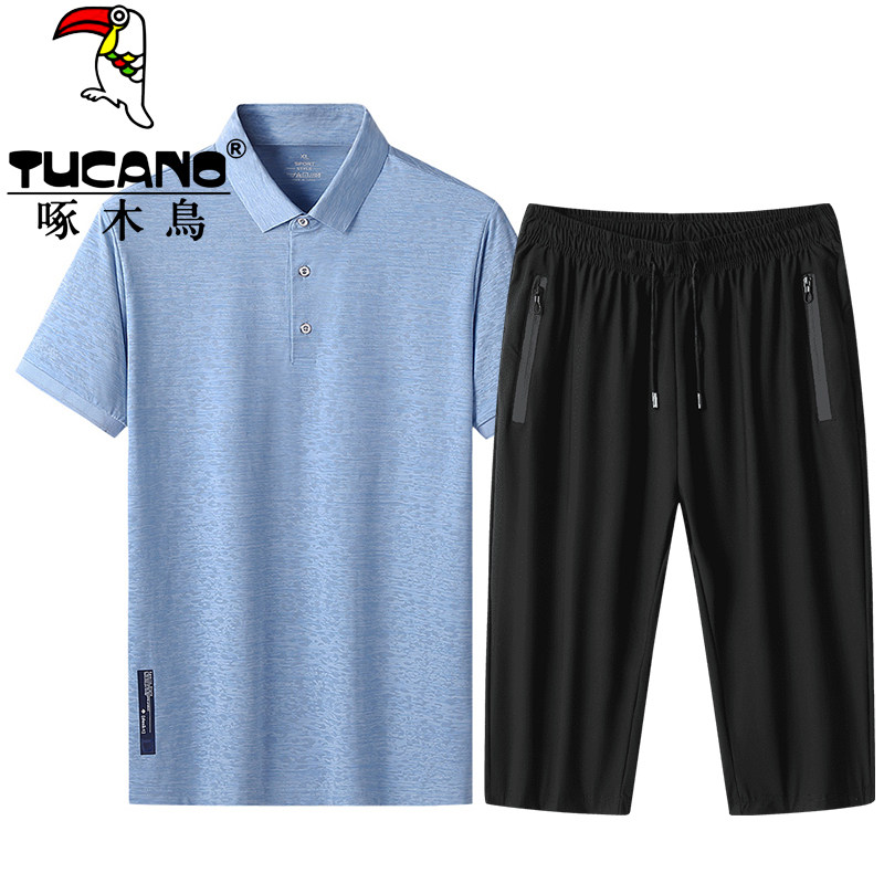 啄木鸟爸爸夏季短袖七分裤套装中年冰丝速干t恤polo衫跑步运动服