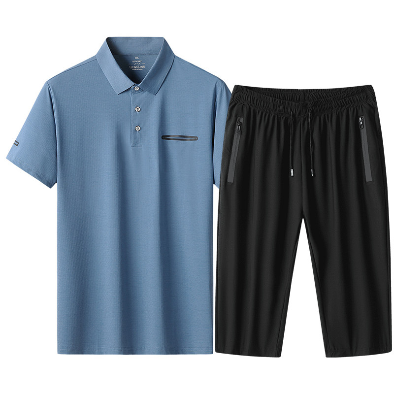 爸爸夏季运动短袖短裤七分裤套装男休闲中年冰丝速干POLO衫两件套