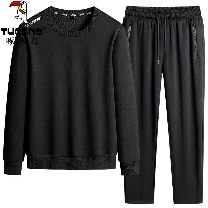 啄木鸟中年卫衣套装男大码春秋纯棉休闲两件套爸爸加绒运动跑步服