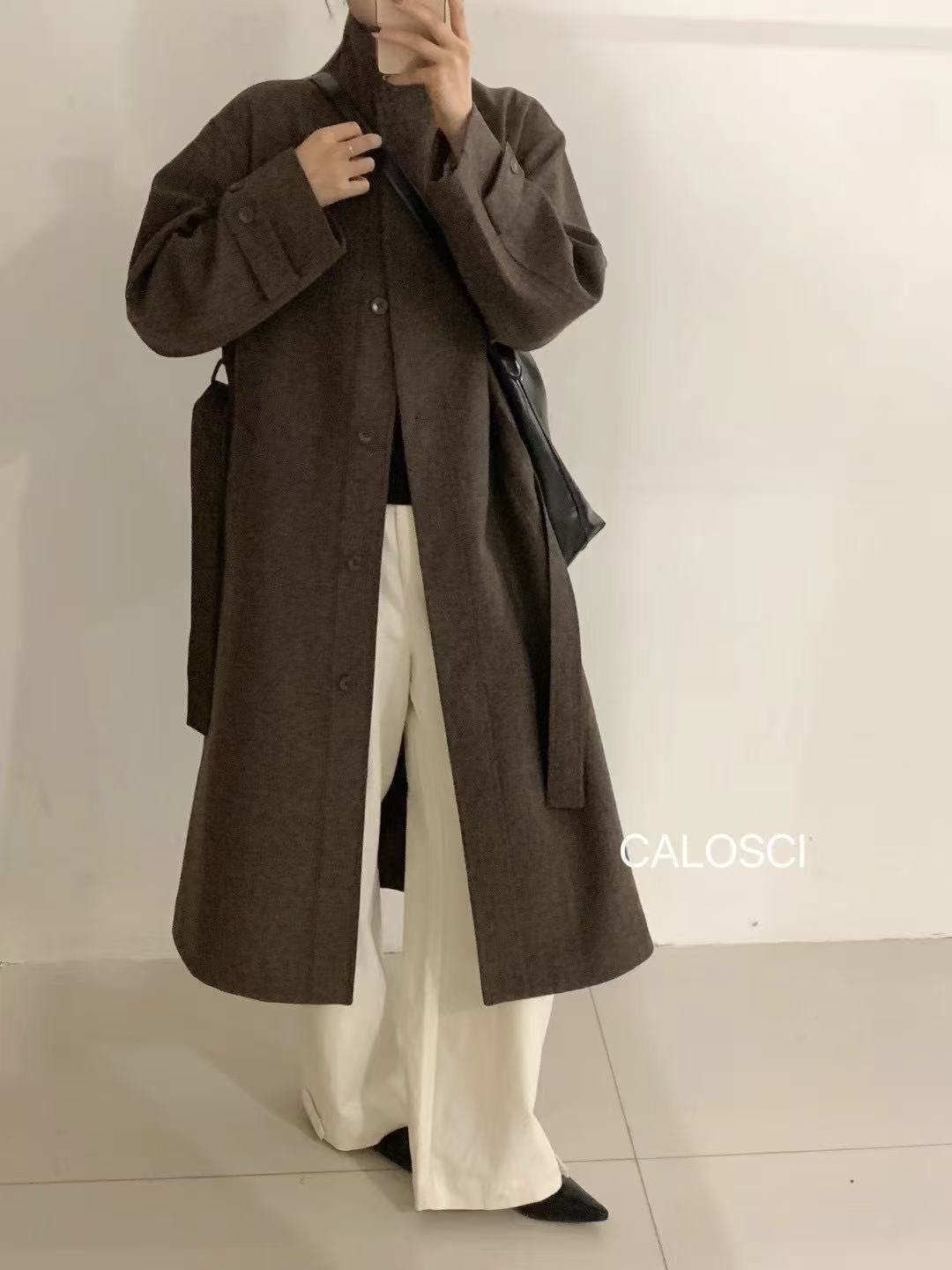 韩系简约百搭通勤休闲风大衣女中长款宽松显瘦毛呢外套