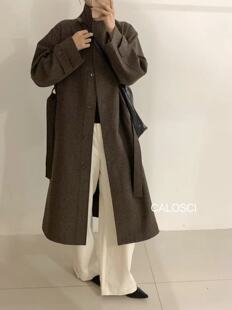 韩系简约百搭通勤休闲风大衣女中长款宽松显瘦毛呢外套