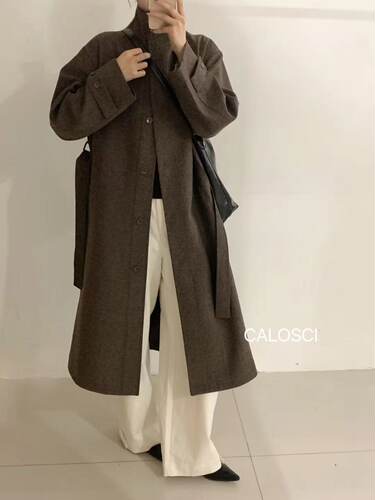 韩系简约百搭通勤休闲风大衣女中长款宽松显瘦毛呢外套