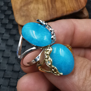 新款精美天然玉石天河石蛋面戒指天蓝色戒指女款玉石戒指玉指环