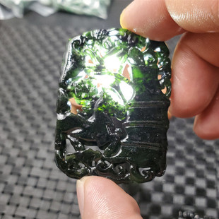 结缘珠宝天然玉石新疆墨玉青梅竹马挂件墨绿蛇纹石玉双面雕刻吊坠