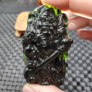 结缘珠宝天然玉石新疆墨玉钟馗挂件墨绿蛇纹石玉钟馗吊坠玉牌玉坠