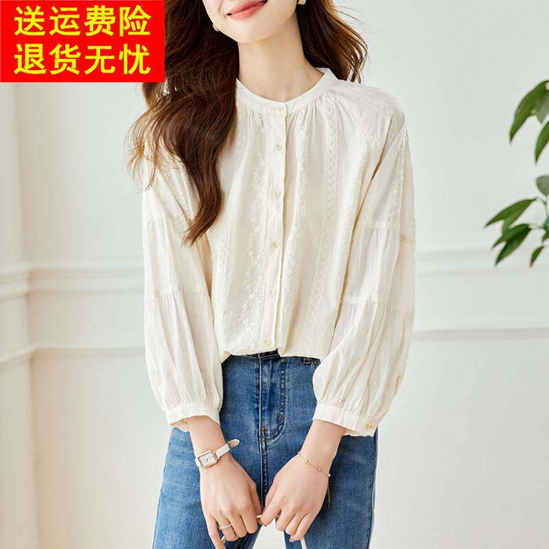 法式覆古灯笼袖提花刺绣衬衫女2025夏季新款薄款圆领长袖纯棉衬衫
