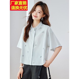 宽松休闲翻领上衣短款 纯棉短袖 2025夏新款 衬衫 百搭全棉t恤 女薄款