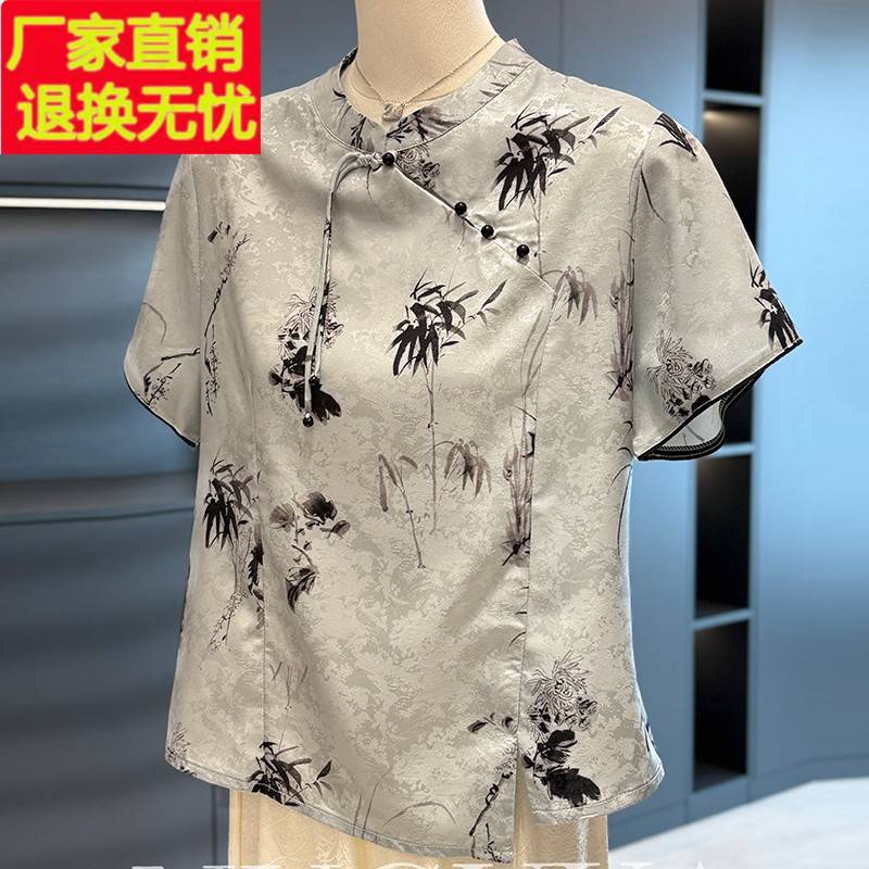 中国风妈妈装雪纺衬衫女短袖2025夏装新款上衣气质百搭中老年衬衣