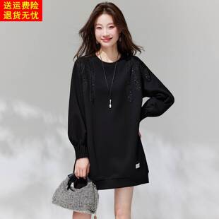 黑色厚棉T女春装2026新款显瘦遮肚子上衣洋派中长版遮屁股长袖T恤