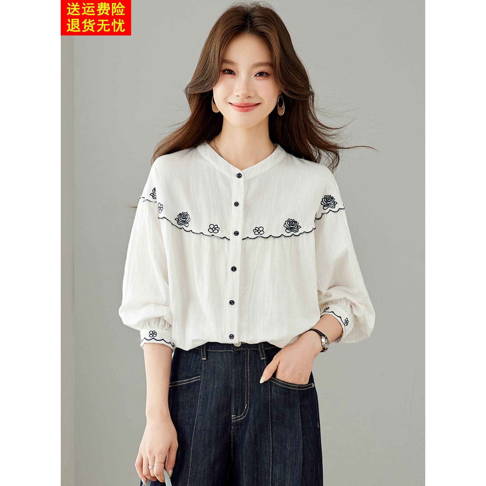 纯棉刺绣白色衬衫上衣女士新款2026早秋新款独特漂亮小衫长袖衬衣