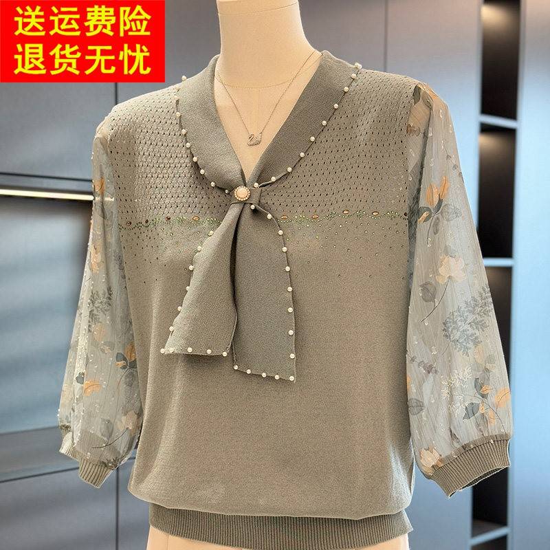 时尚休闲 雪纺拼接妈妈装女七分袖春装新款上衣气质百搭中老年小