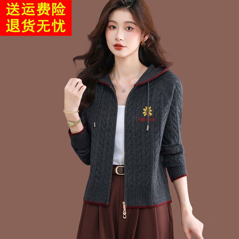 连帽拉链毛衣外套女秋季高级灰色上衣配裙外搭小短款羊毛针织开衫