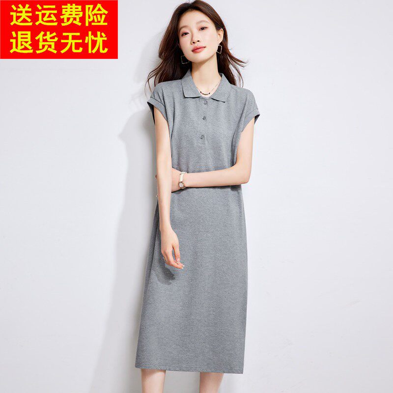 2025夏季新款法式高级感polo领洋装女显瘦侧开 叉有口袋T恤裙女