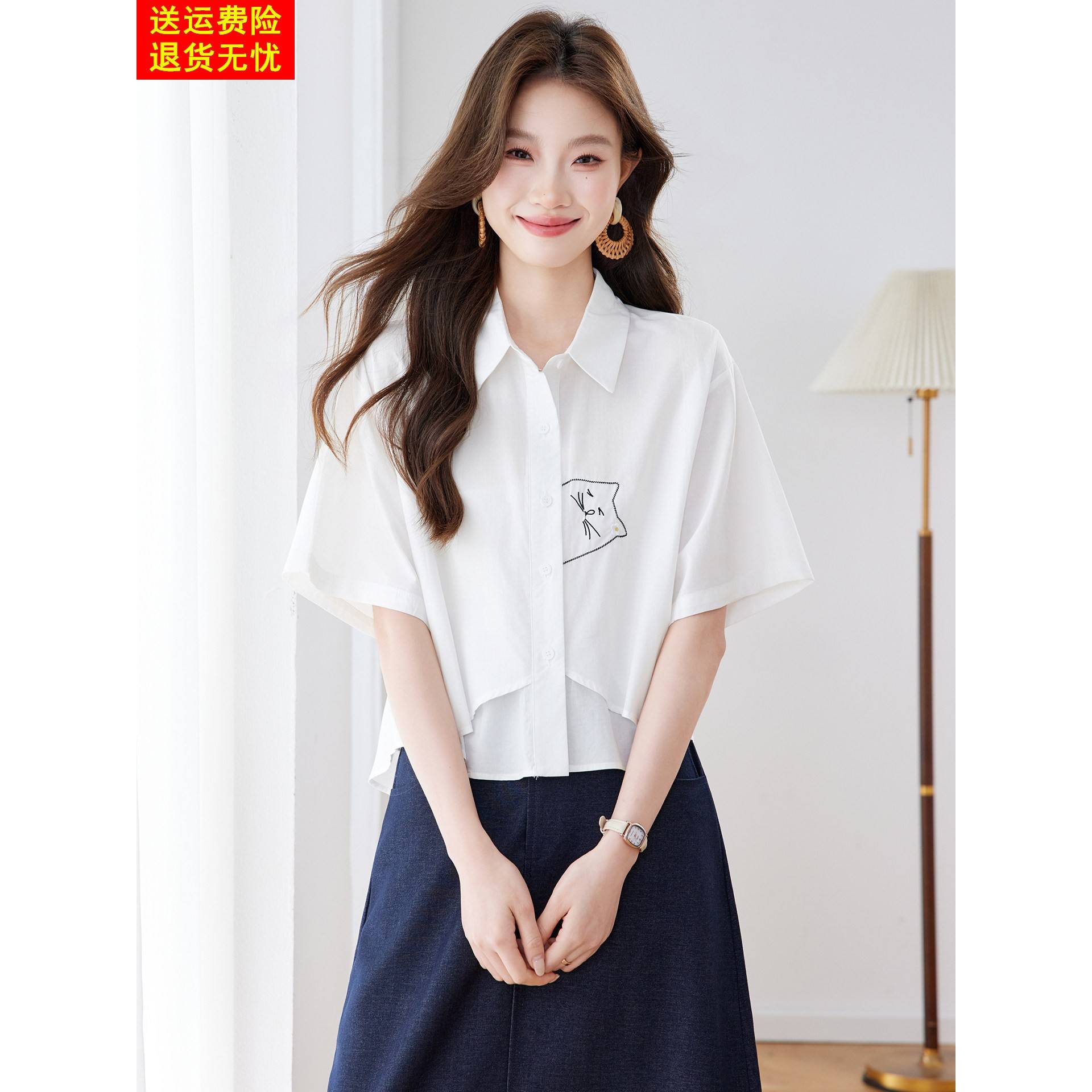 纯棉刺绣白色短袖衬衫女夏季新款超火减龄休闲宽松上衣小个子衬衣