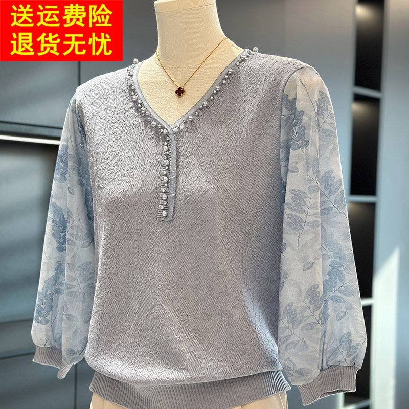 时尚洋派雪纺针织衫女妈妈装春装新款上衣百搭休闲中老年人打底衫
