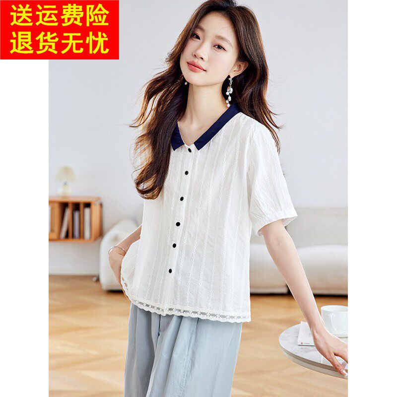 蕾丝拼接绣花纯棉翻领短袖衬衫女2026新款夏季独特超好看减龄上衣
