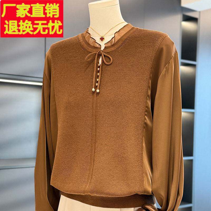 时尚气质妈妈装雪纺拼接针织衫女春装新款上衣减龄洋气中老年打底