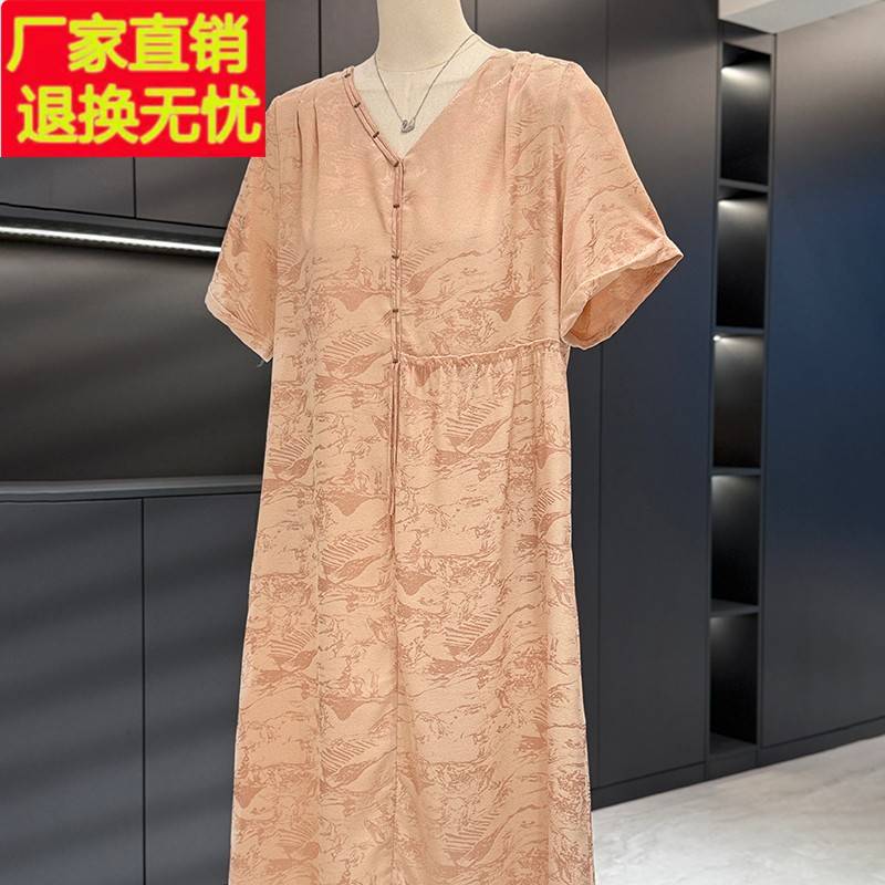 国风中长款妈妈装雪纺连衣裙女短袖夏装新款显瘦洋气中老年人裙子