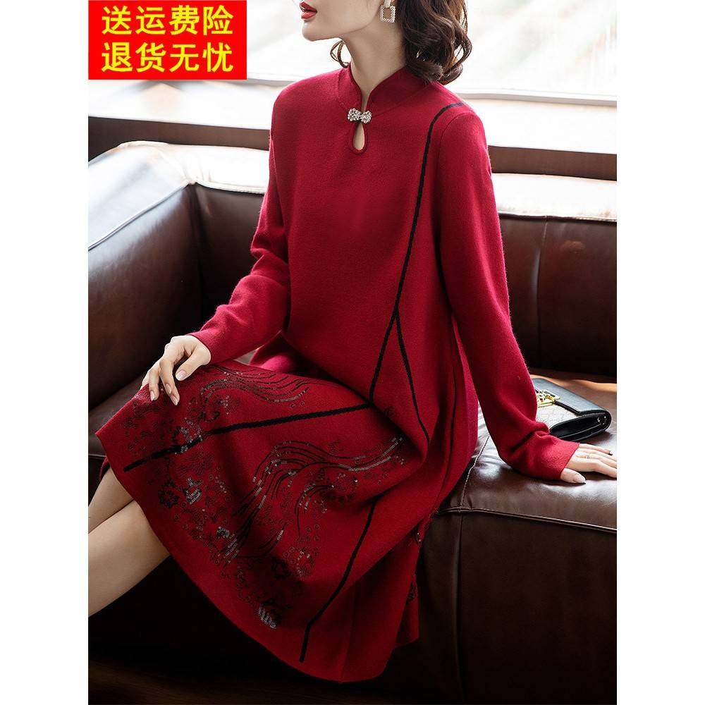 新款喜婆婆婚宴礼服中老本命年妈妈洋气连衣裙子大码女冬装红色冬